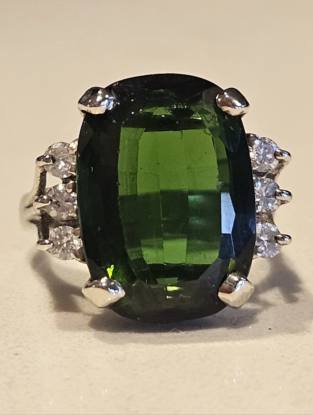 Estate 14k WG 11ct Natural Green Tourmaline Diamond Cocktail Ring Sz 5.5
